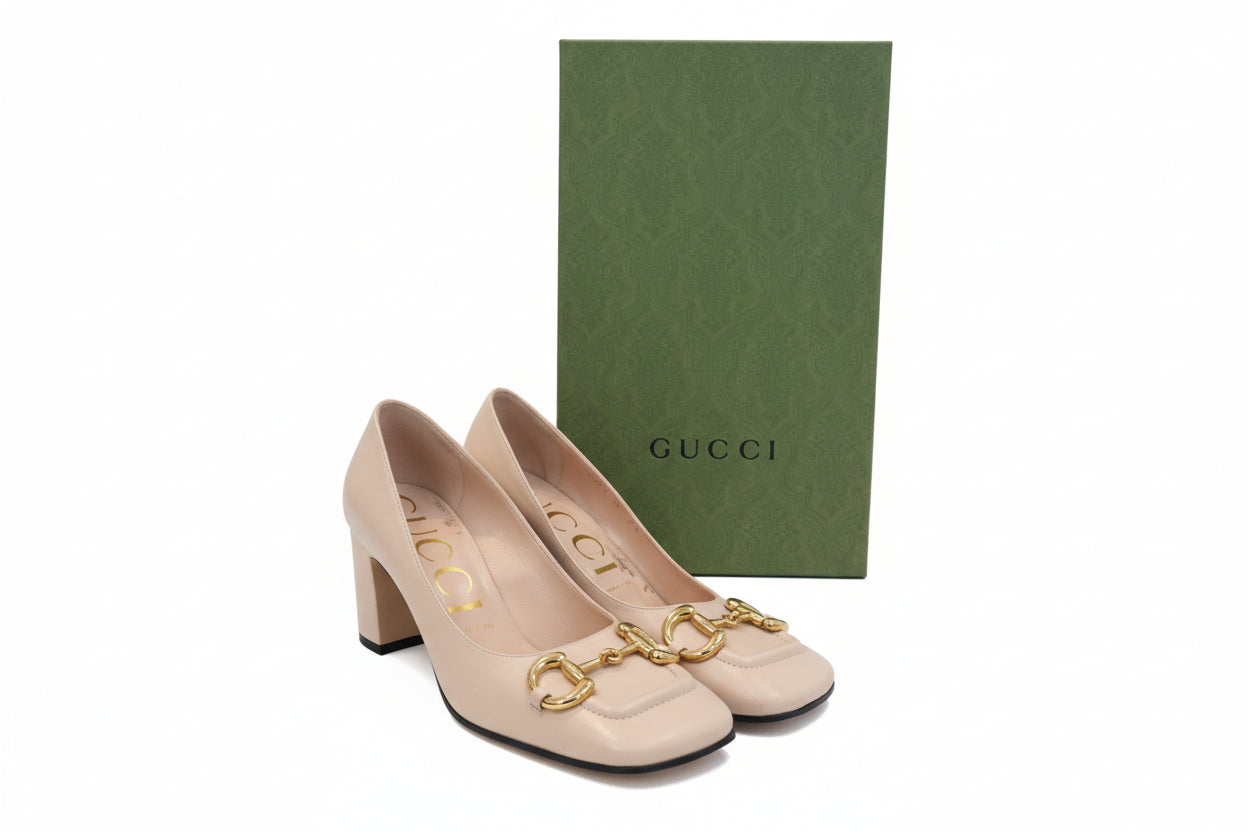 Gucci Horsebit Block Heels SHOES 38 Nude