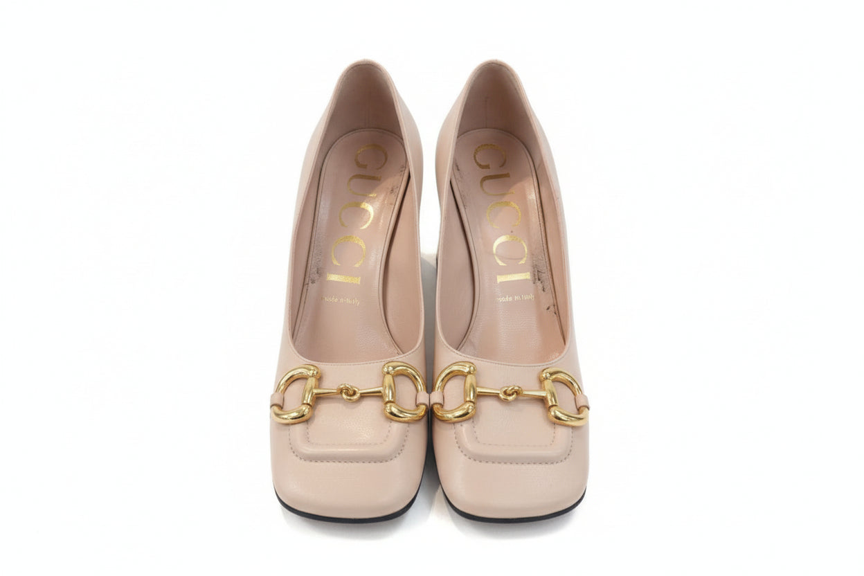 Gucci Horsebit Block Heels SHOES 38 Nude